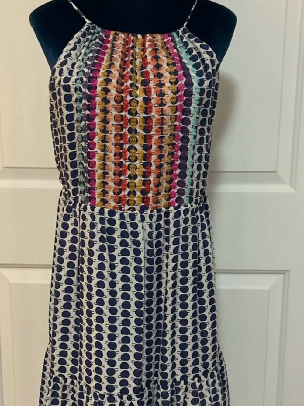 THML Navy Dot Midi Dress with Multicolor Smocked Bodice